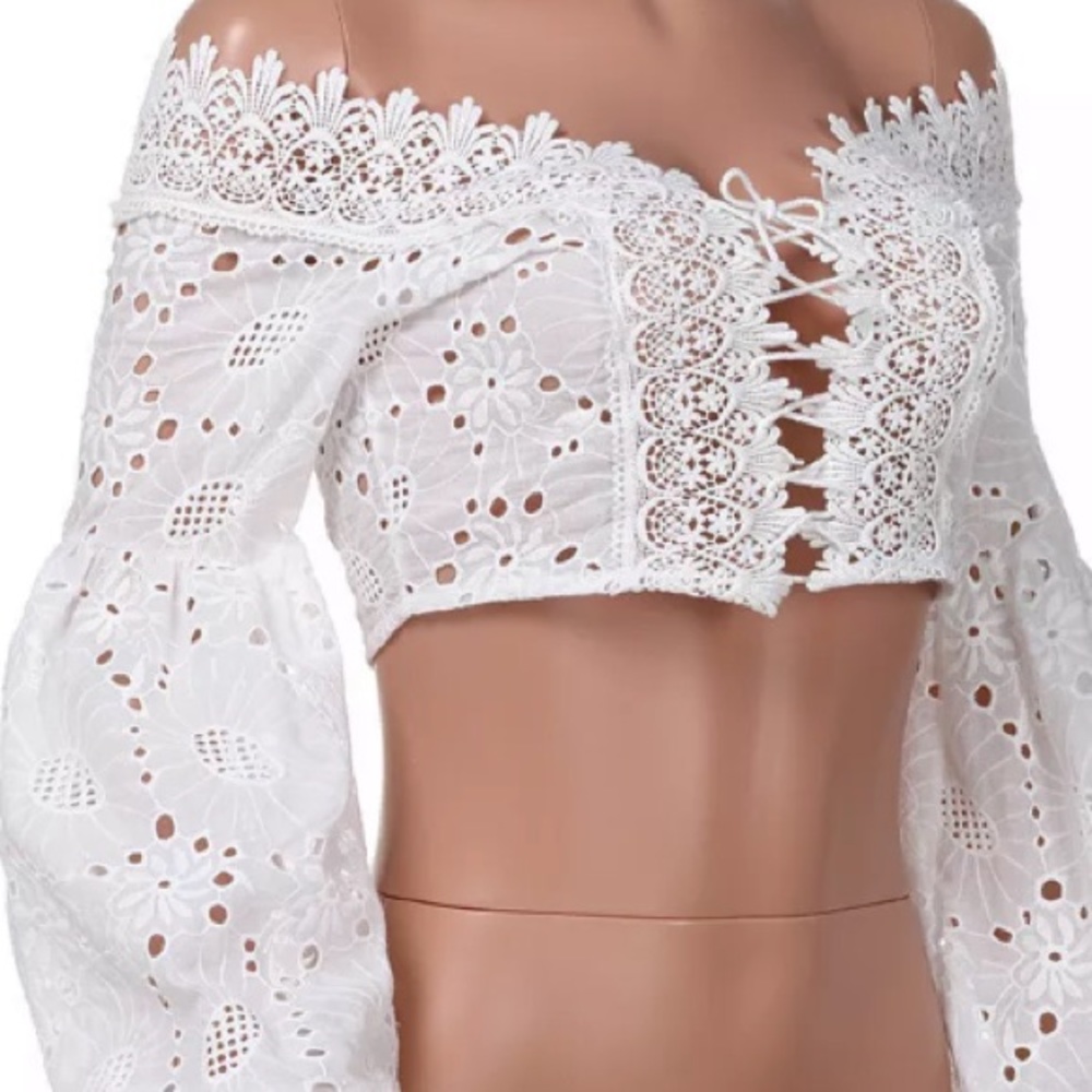 🍀JUST IN🍀White Eyelet Off Shoulder Lace Up Top - Picture 8 of 8